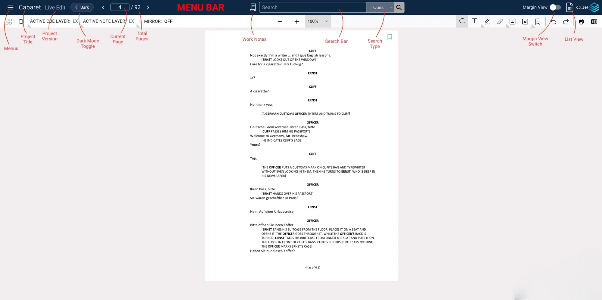 The Cuelist menu bar with each control labeled: Menus, Project Title, Project Version, Dark Mode Toggle, Current Page, Total Pages, Work Notes, Search Bar, Search Type, Margin View Switch, and List View.