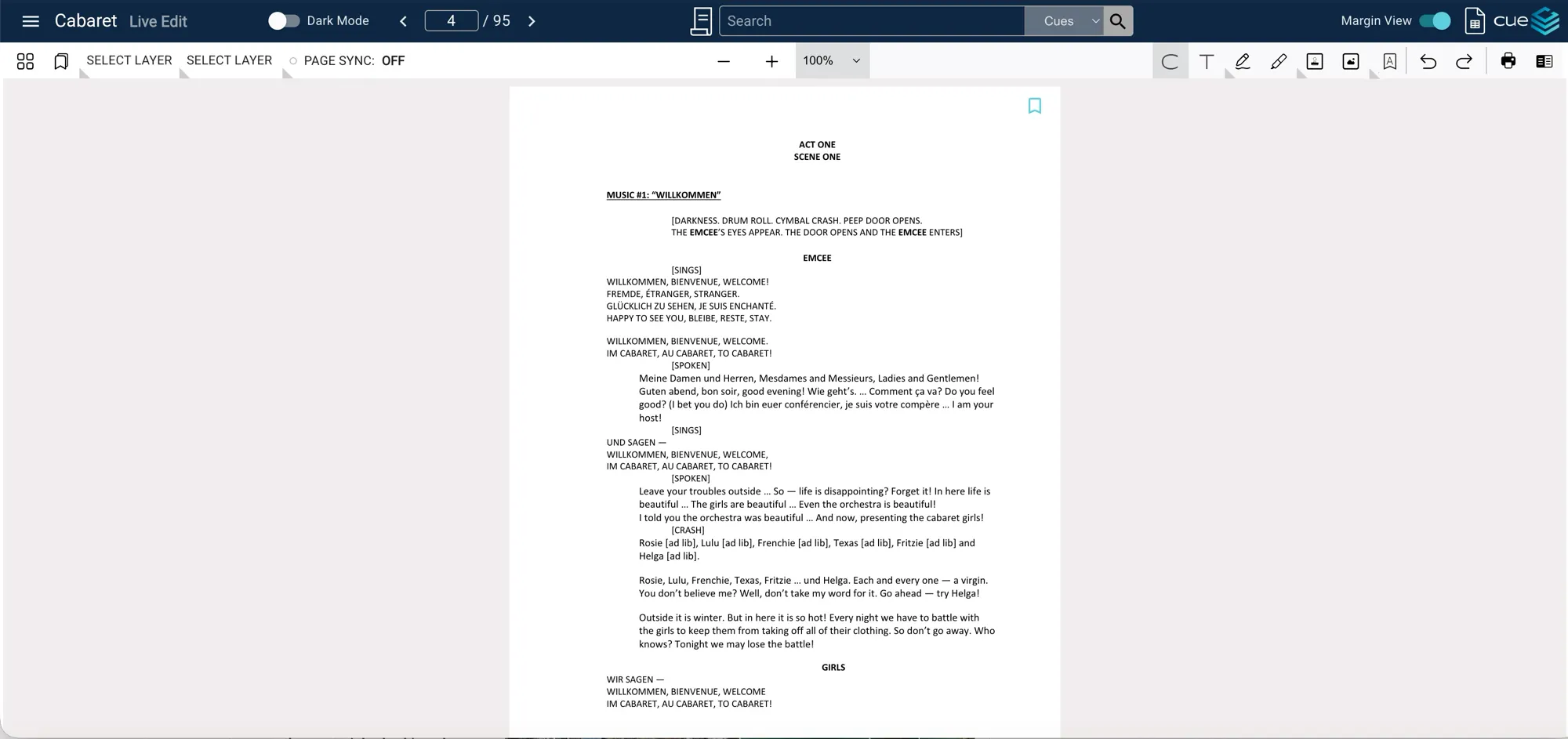 The Cuelist PDF editing view showing a marked-up script.