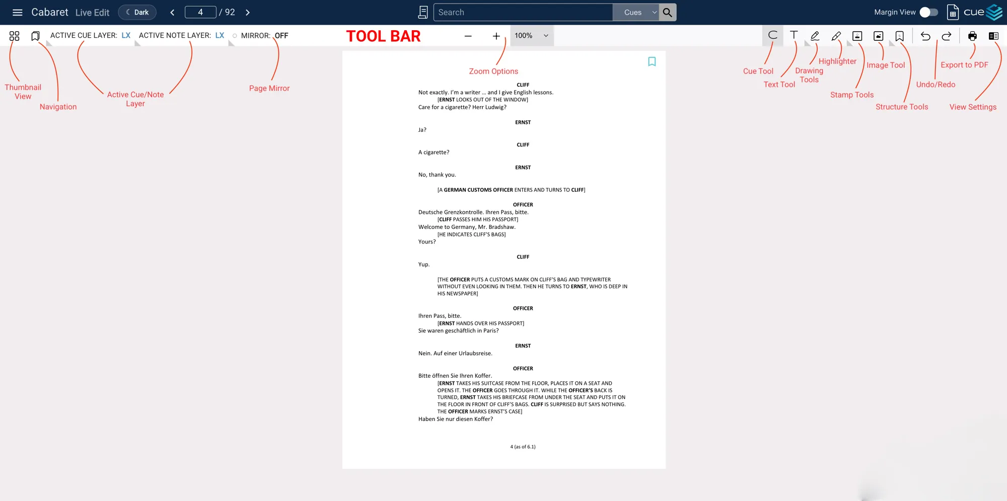 The Cuelist tool bar with each control labeled: Thumbnail View / Script View, Navigation, Active Cue/Note Layer, Page Mirror, Zoom Options, Cue Tool, Text Tool, Drawing Tools, Highlighter, Stamp Tools, Image Tool, Structure Tools, Undo/Redo, Export to PDF, and View Settings.