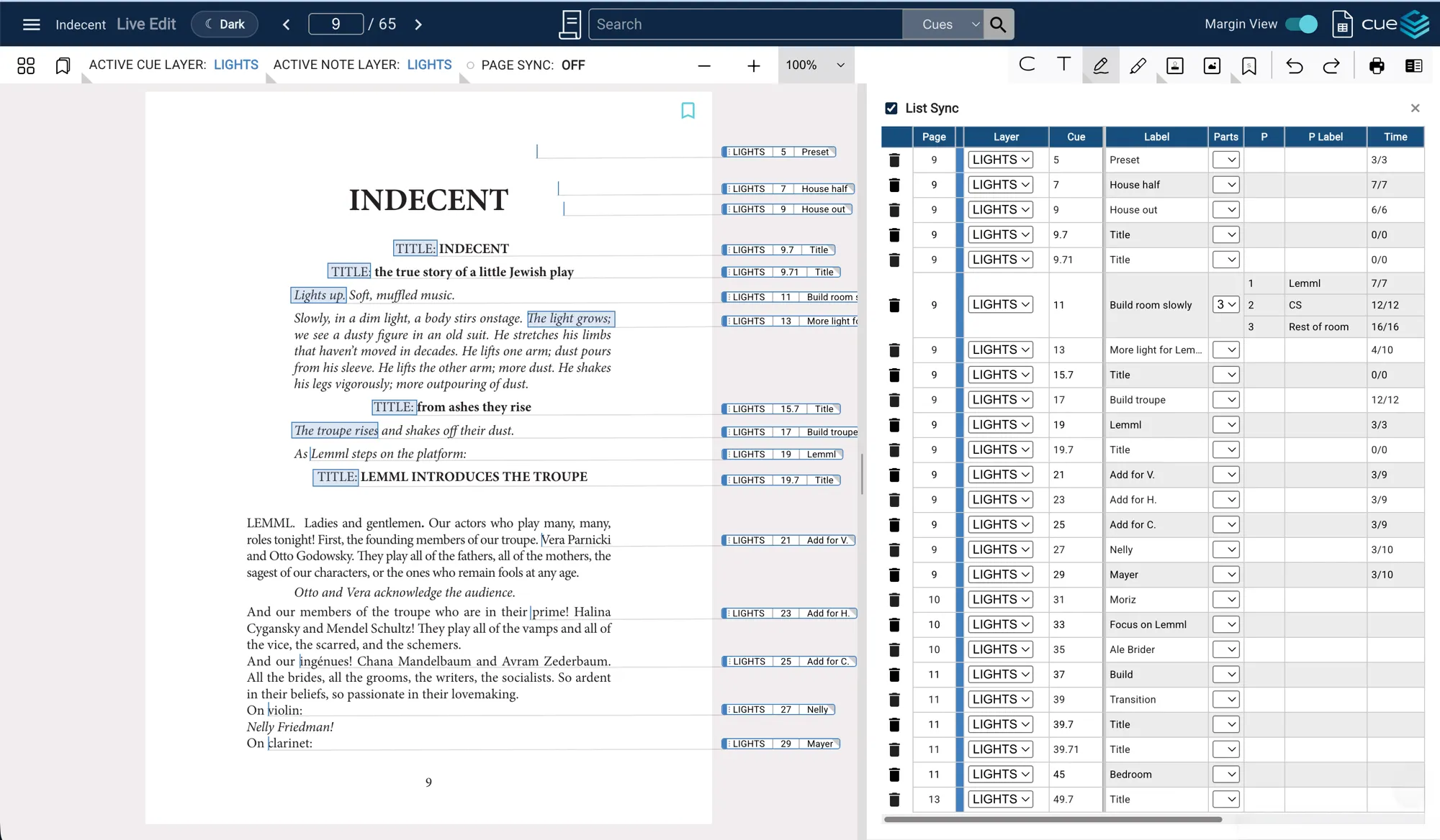 The Cuelist editor showing a script marked with lighting cues beside a synced, spreadsheet-style cue list