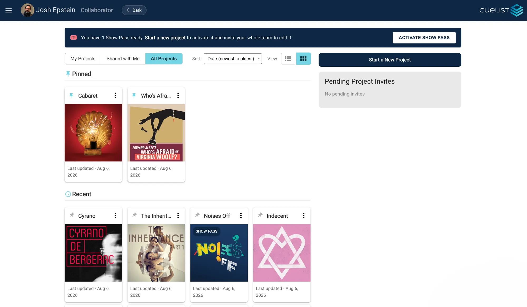 The Cuelist dashboard showing pinned and recent productions, with a panel for pending project invites