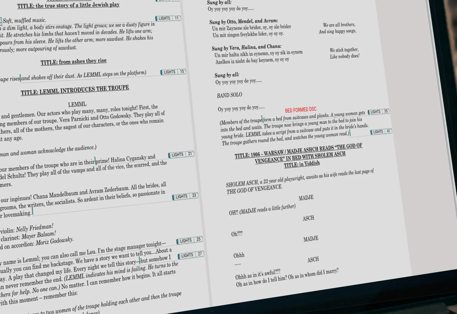 Close-up of a script marked with lighting cues in Cuelist