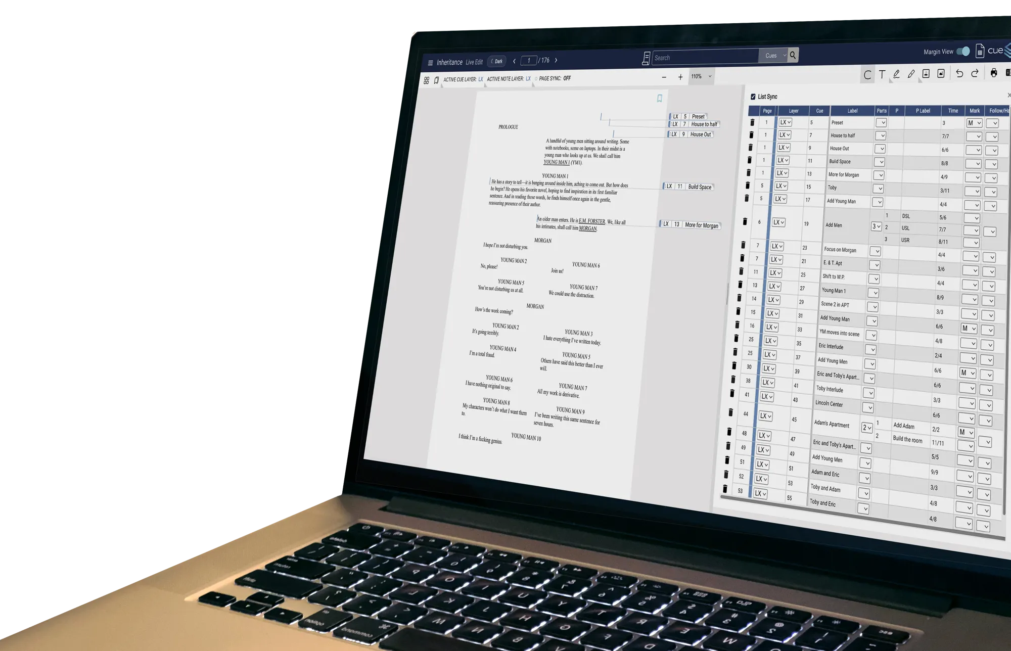 The Cuelist editor open on a laptop, showing a script marked with lighting cues beside a synced, spreadsheet-style cue list
